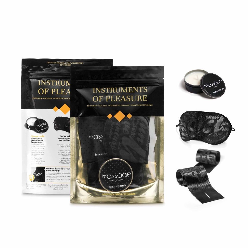 Kit livello arancione: candela da massaggio + maschera + manette in raso