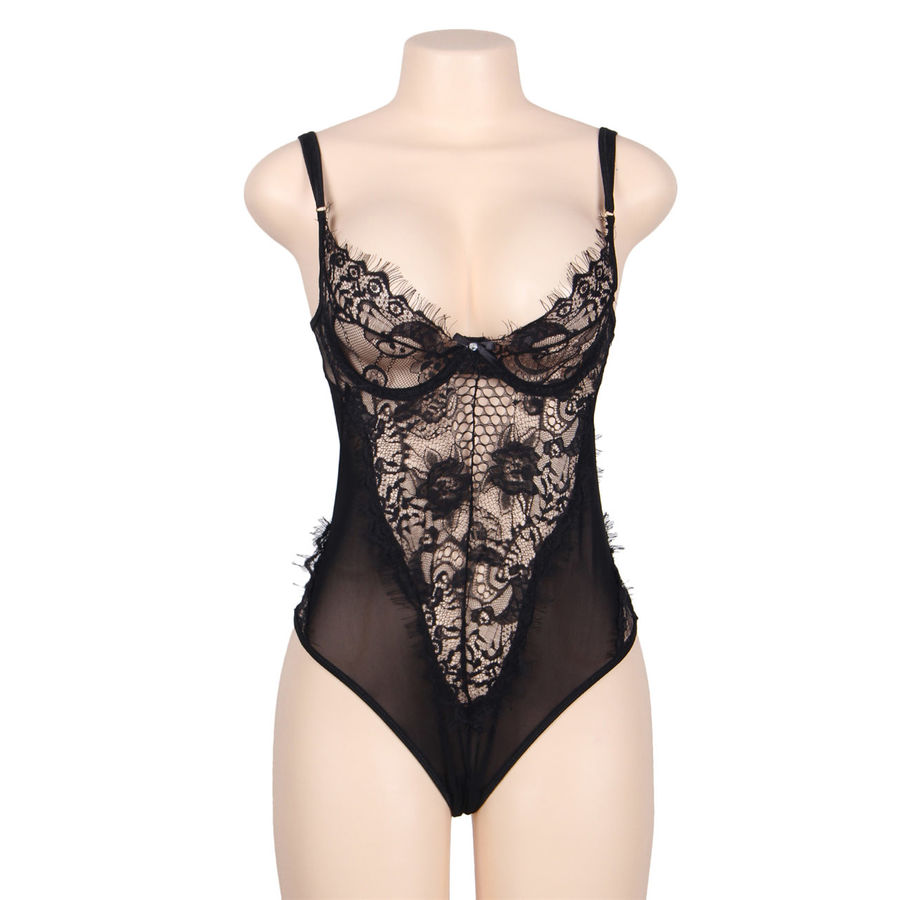 QUEEN PLUS - PIZZO FLOREALE E TEDDY NERO CON FRANGE