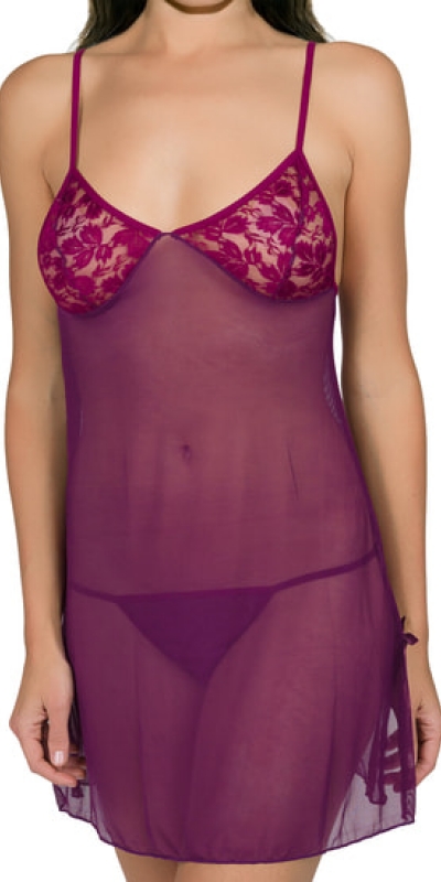 BABYDOLL FOWER Babydoll trasparente con pizzo viola