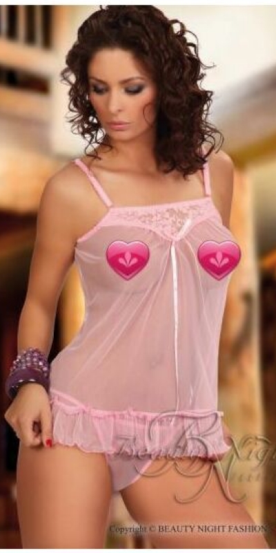 PICARDÍA CANESÚ Sexy babydoll in microtulle rosa con carré in pizzo rosa