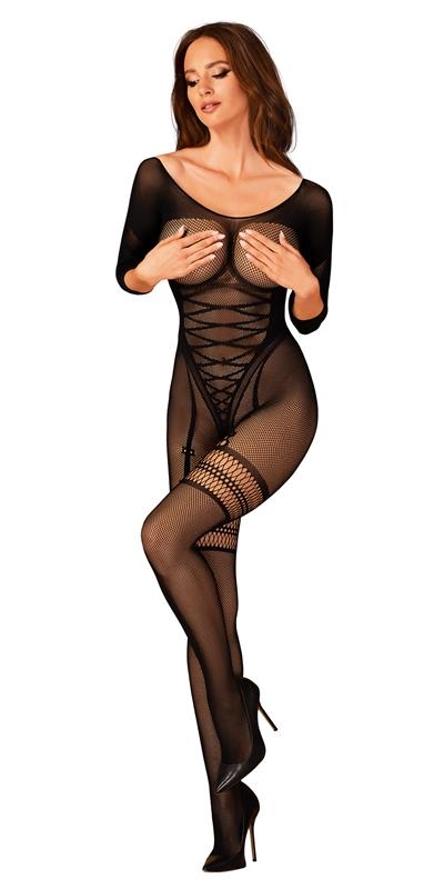 BODYSTOCKING G329 Body nero floreale, maniche lunghe, cavallo aperto.