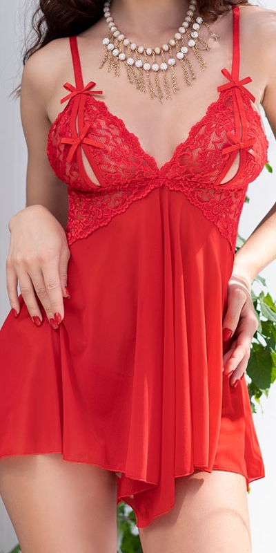 CAMISA DE NOITE E TANGA CR-446 Babydoll seducente rosso in tulle e pizzo