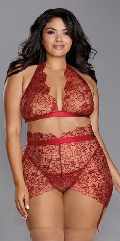 CONJUNTO TRES PIEZAS CURVY Set erotico di tre pezzi con ricamo floreale.