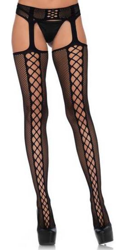 LEG AVENUE LACE Calze a rete opache con cucitura ampia e reggicalze integrate