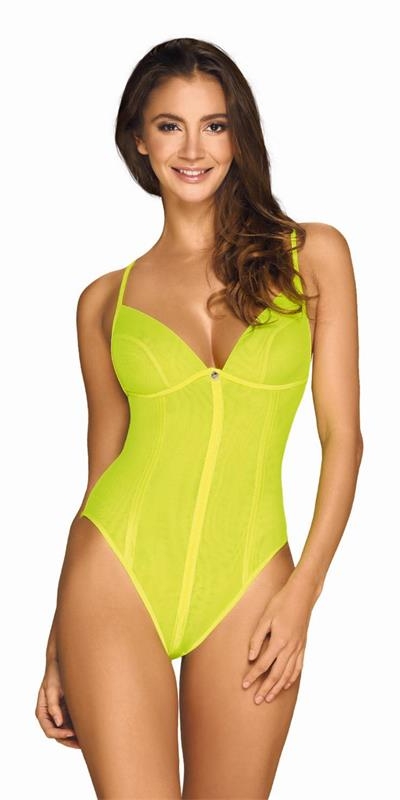 NEONIA BODY Body giallo neon con zip, taglie s/m e l/xl, flessibile, 90% poliammide, 10% elastan.